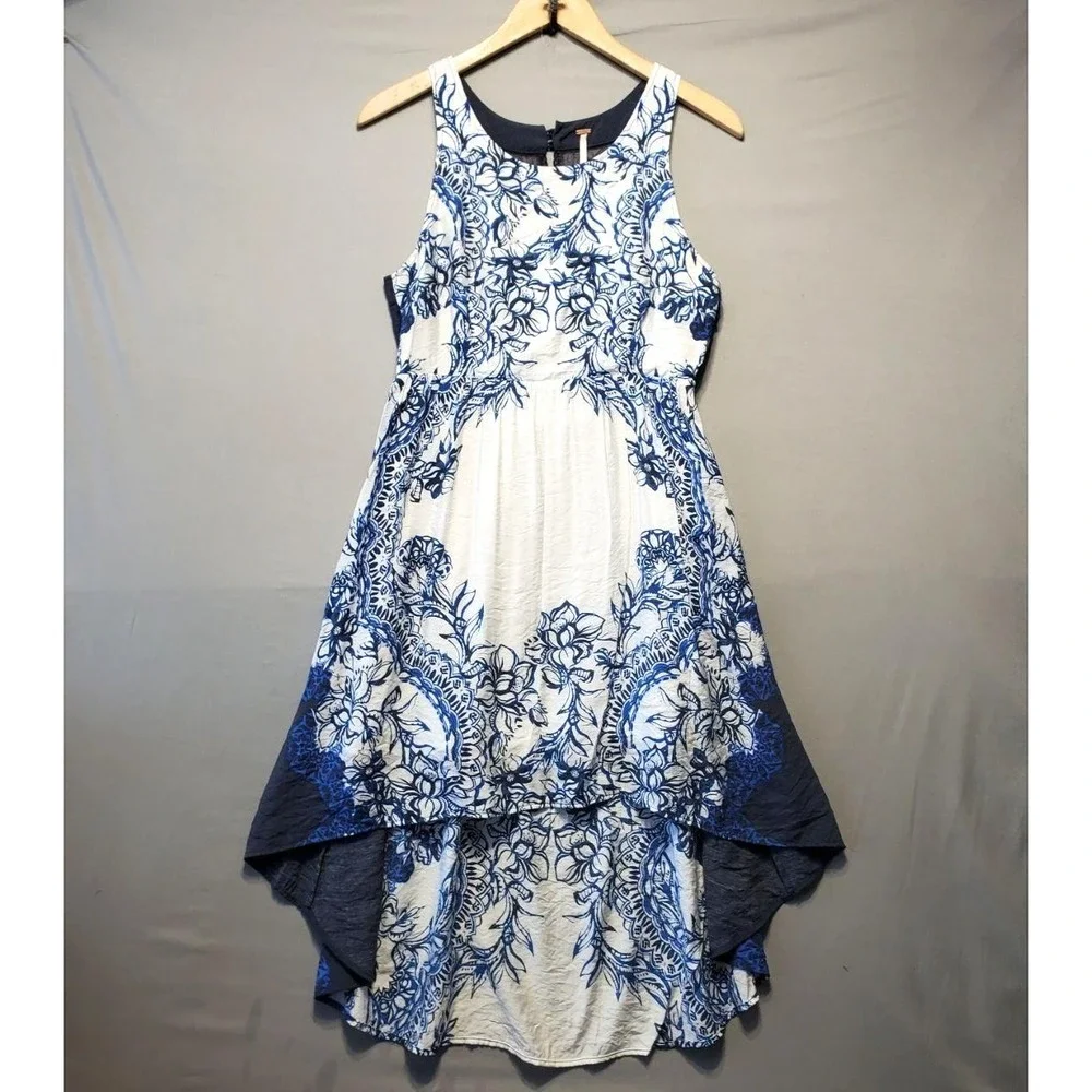 Free People Blue White Toile High Low Dress Lace Back Cottagecore Coastal Boho S